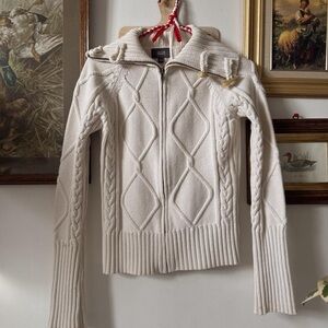 Chunky Cable-Knit Zip Hoodie Sweater in Cream